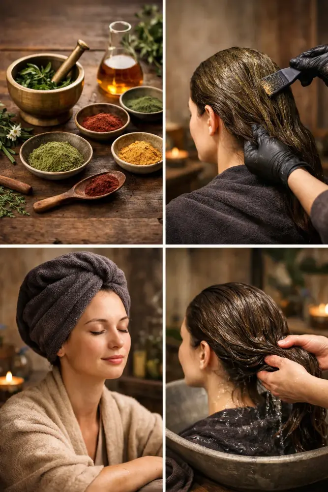 Herbal hair colouring treatment with plant-based ingredients for natural-looking colour